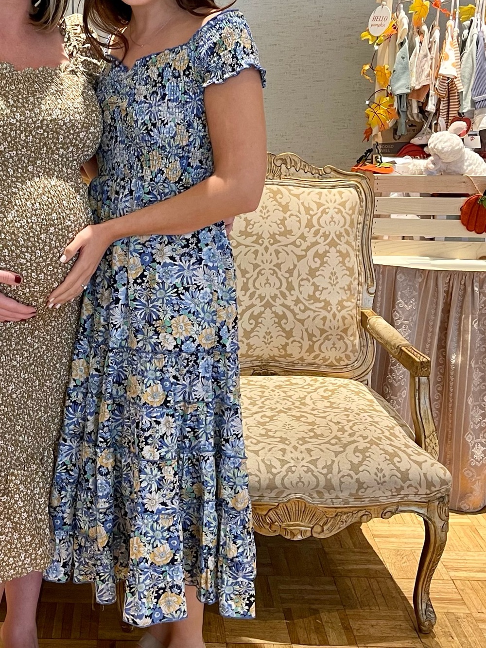 Heartloom Blue Floral Tiered Midi Dress - Smocked Bodice Wedding Guest Dress